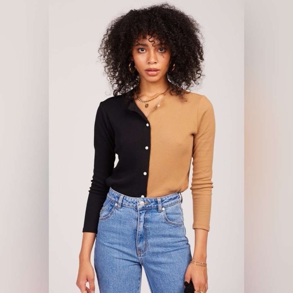 Donni Top Women Medium Black Brown Duo Thermal‎ Cardigan Waffle Knit Button
